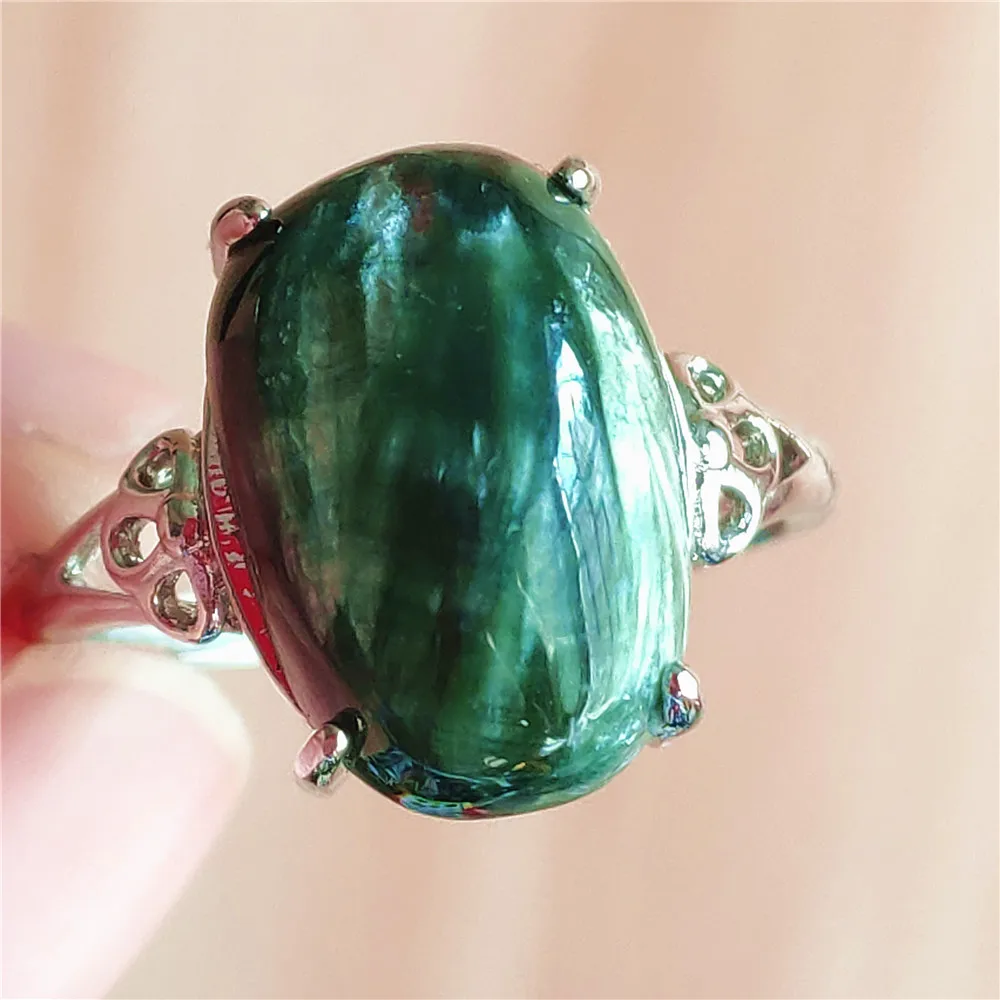 silver rings Natural Green Seraphinite Adjustable Size Ring Women Men Seraphinite Ring Clinochlore Oval Gemstone 925 Sterling Silver AAAAAA gucci ring