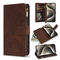 Luxury Leather Wallet Case with Multi-Card Zipper and Magnetic Kickstand for iPhone SE 2022(2020) (Coffee)