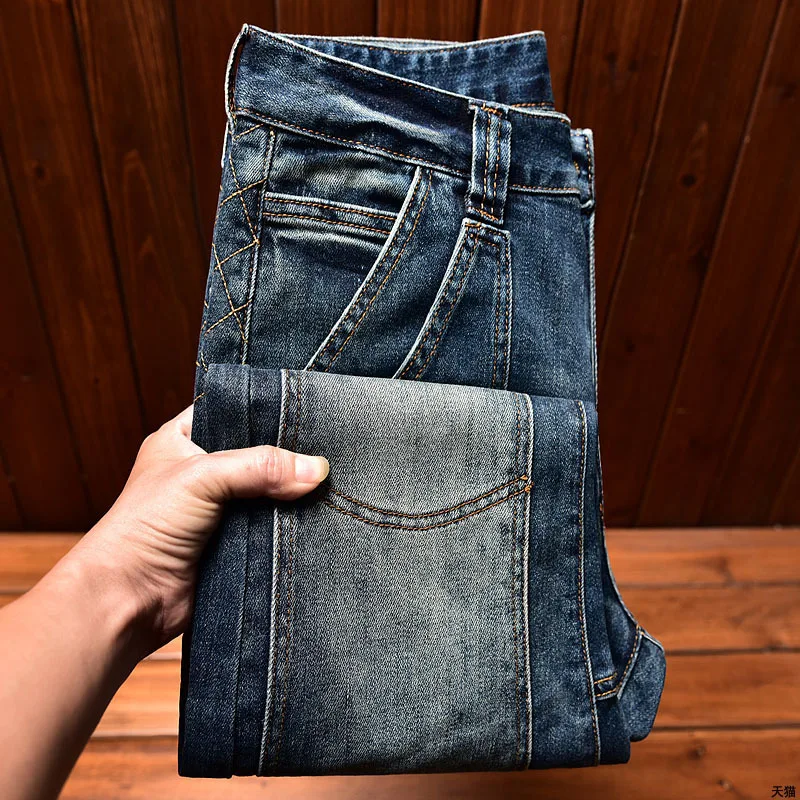 Trendy Skinny Jeans Men's Slim Fit Skinny Pants Street All-Match Blue Elastic Trend Men's Embroidery Men's Motorcycle Long Pants