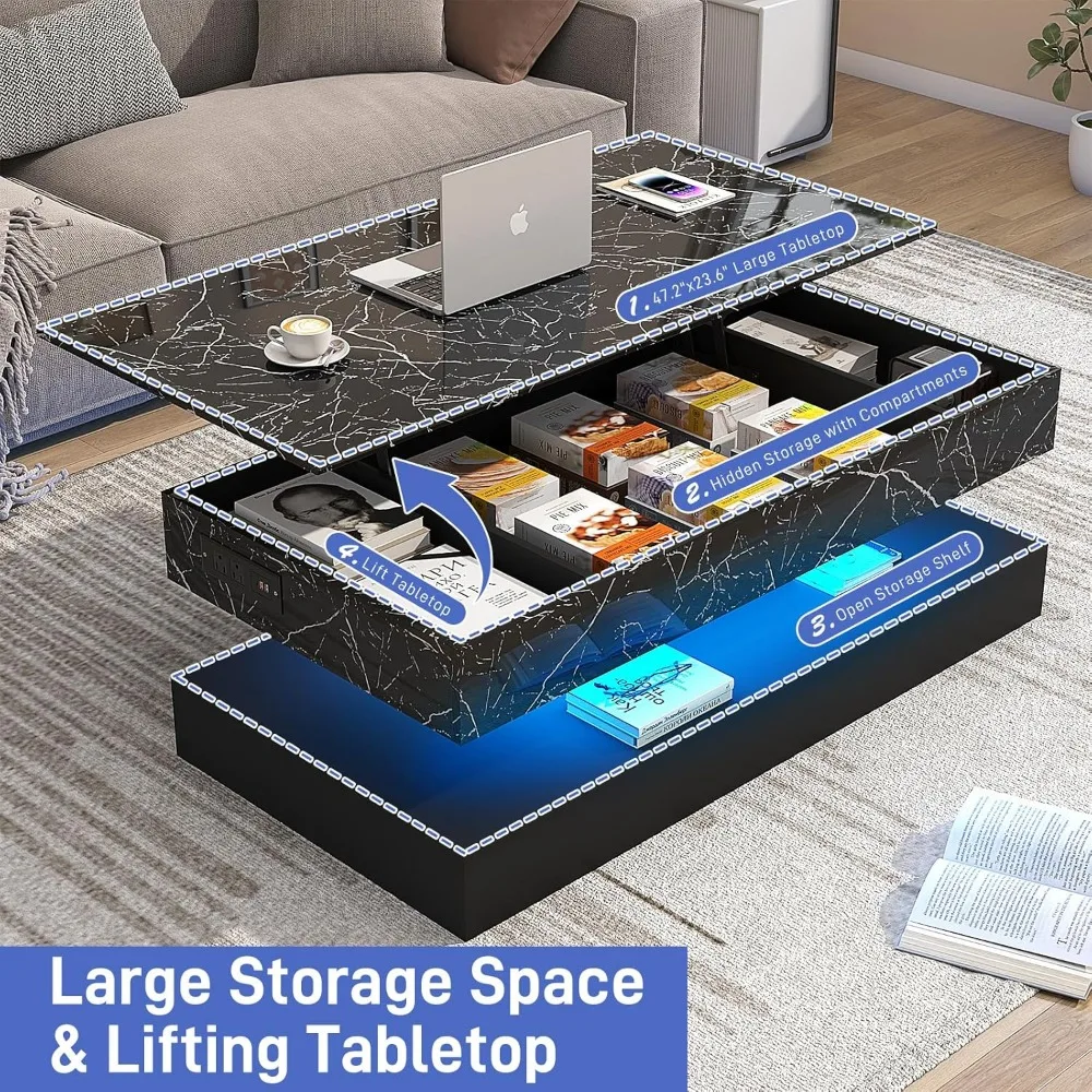 47.2" Large Lift Top Coffee Table with Charging Station, LED Modern High Glossy Center Table with Hidden Compartment Storage 4