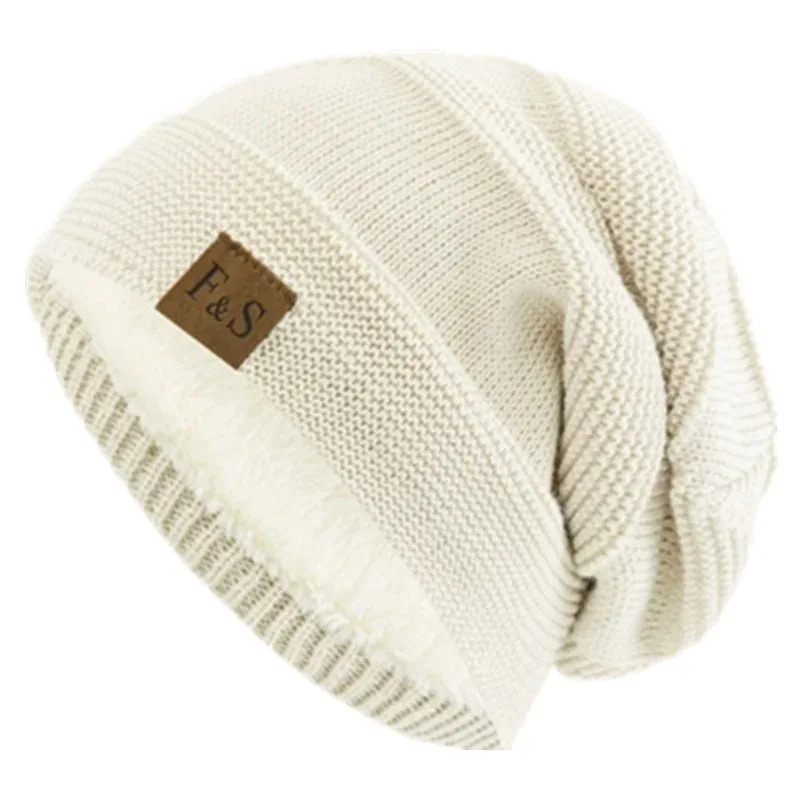 Heißer Verkauf Unisex Klassische Slouchy Winter Hüte Plüsch Fell Gefüttert Warme Beanie Cap Männer Frauen Casual FS Label Decor Winter Gestrickte Hüte – Detail 9