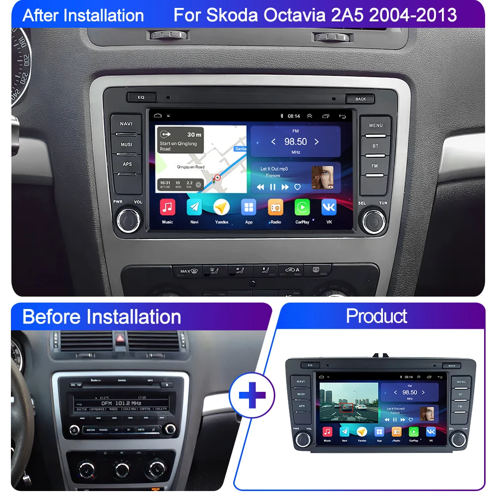 LEHX 2Din Carplay Android Auto 8 pulgadas para Skoda Octavia 2 A5 2004-2013 Radio de coche CarPlay navegación GPS WIFI unidad principal estéreo de coche 4