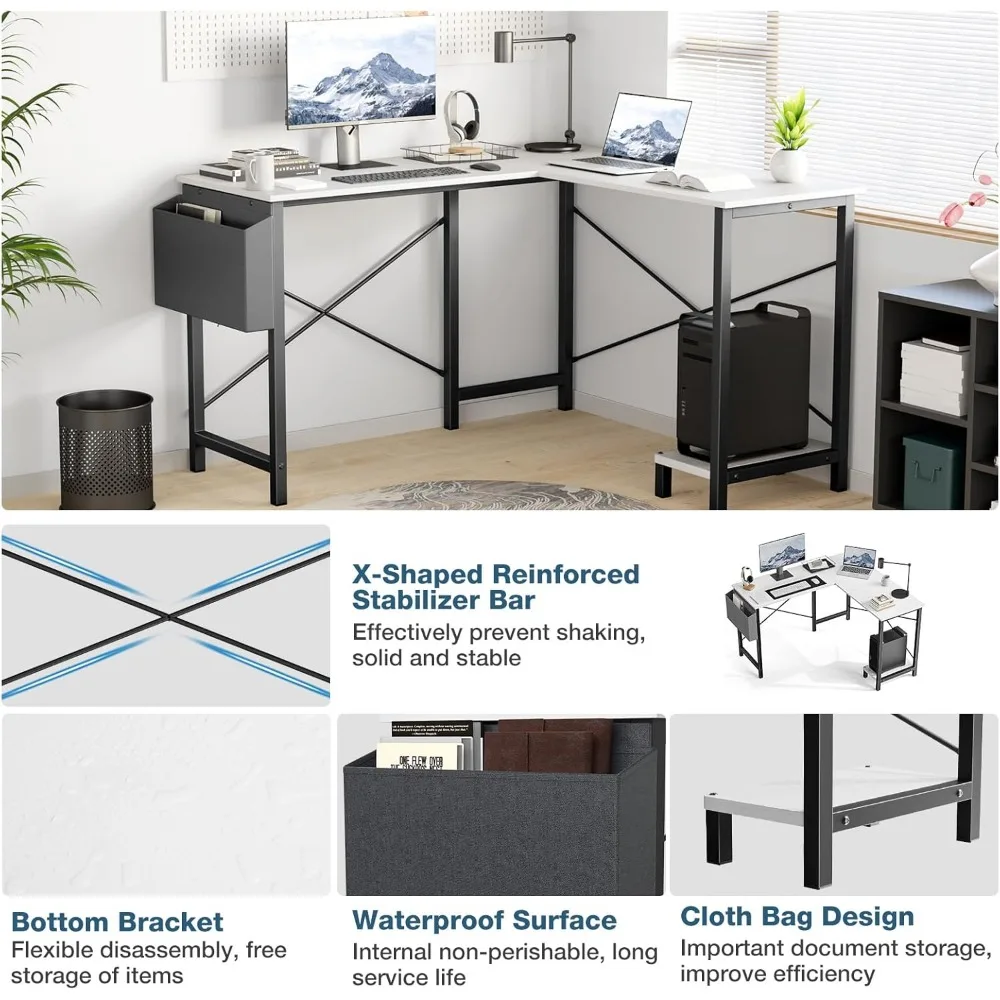 50 Inch L Shaped Gaming Desk with CPU Stand & Side Bag, Reversible Corner Computer Table for Home Office & Small Spaces 3