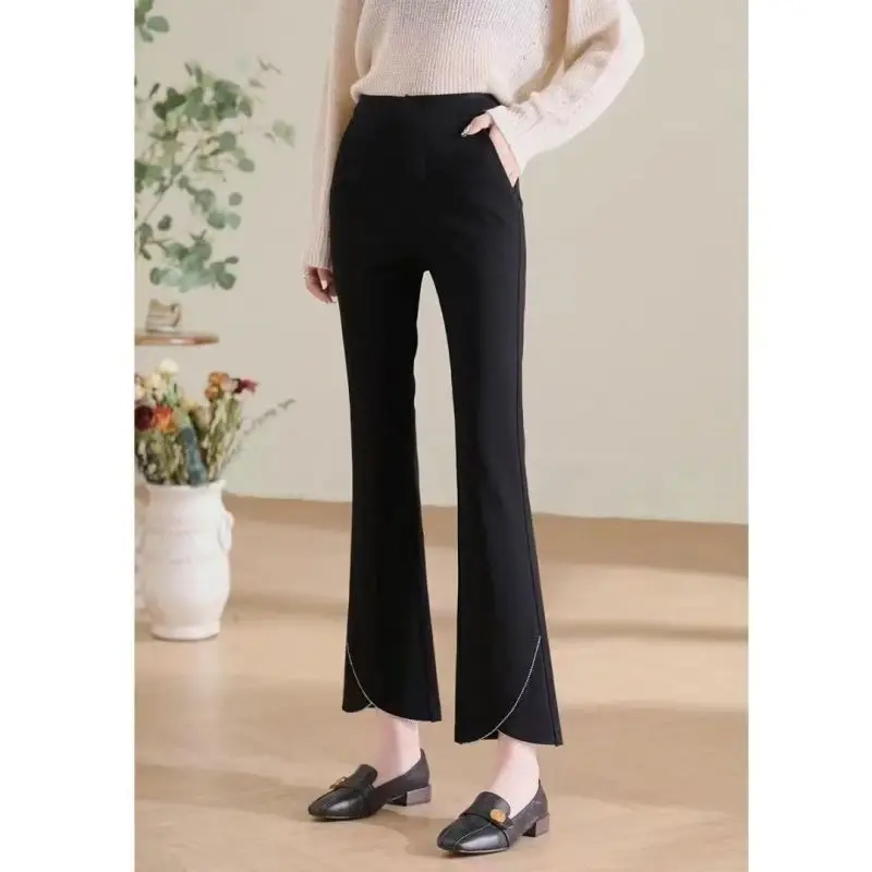 Autumn Winter New Solid Color High Waist Pearl Decoration Spliced Casual Flare Fashion Simplicity Slim Appear Thin Women's Pants