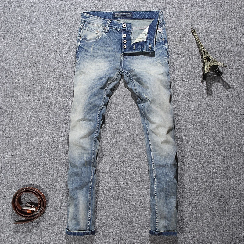 Italian Style Fashion Men Jeans Retro Light Blue Elastic Slim Fit Ripped Jeans Men Buttons Vintage Designer Denim Pants Hombre