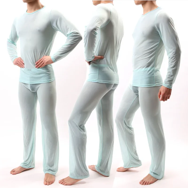 Men Sexy Pajamas Suit Ice Silk Ultra-Thin Perspective Undershirt Pants Home Clothes Suit Gauze High Elastic Night Club Wear pajamas set,silk pajamas,man pajamas set