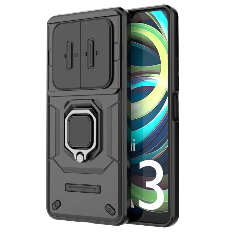 Coque Mayaxess Pour Xiaomi Redmi A3 - Noir, Bague Support, Cache Caméra Coulissant