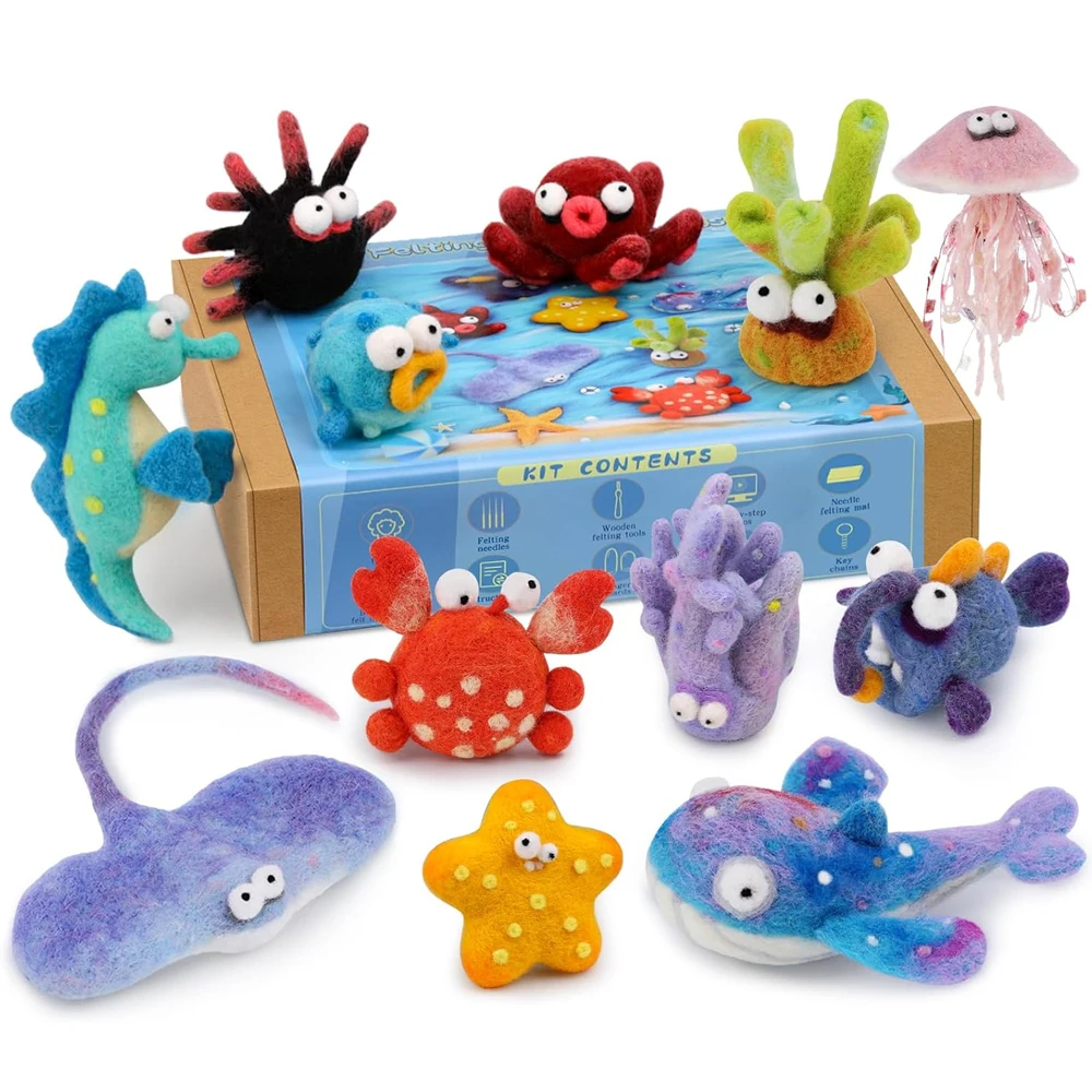 Sea Animals Needle Felting Kit Roving Felting Needles Pad Instruction for Starters DIY Craft 12Pcs