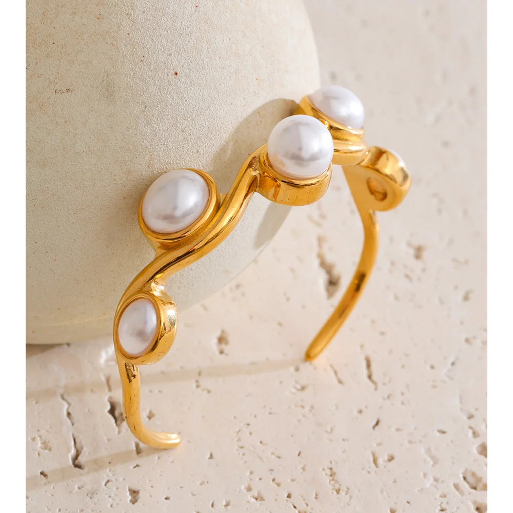 Yhpup 60mm Stainless Steel Simulated Pearls Open Cuff Bracelet