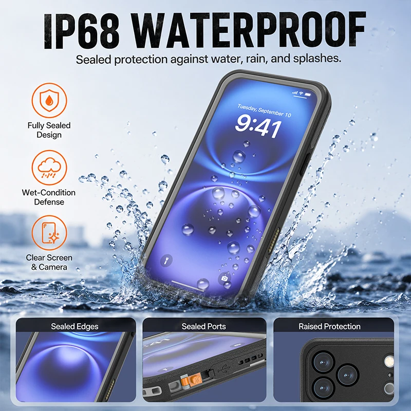 Enhanced Shockproof IP68 Waterproof Phone Case with Magnetic Kickstand