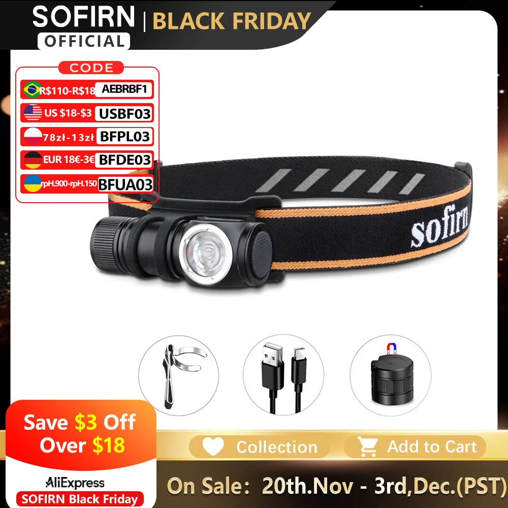 Latarka czołowa Sofirn HS10 USB-C, ładowalna, mini, akumulator 16340, 1100lm, TN-3535, 90CRI, latarka kątowa z optyką TIR i magnesem na tył, 2 tryby świecenia - AliExpress 39