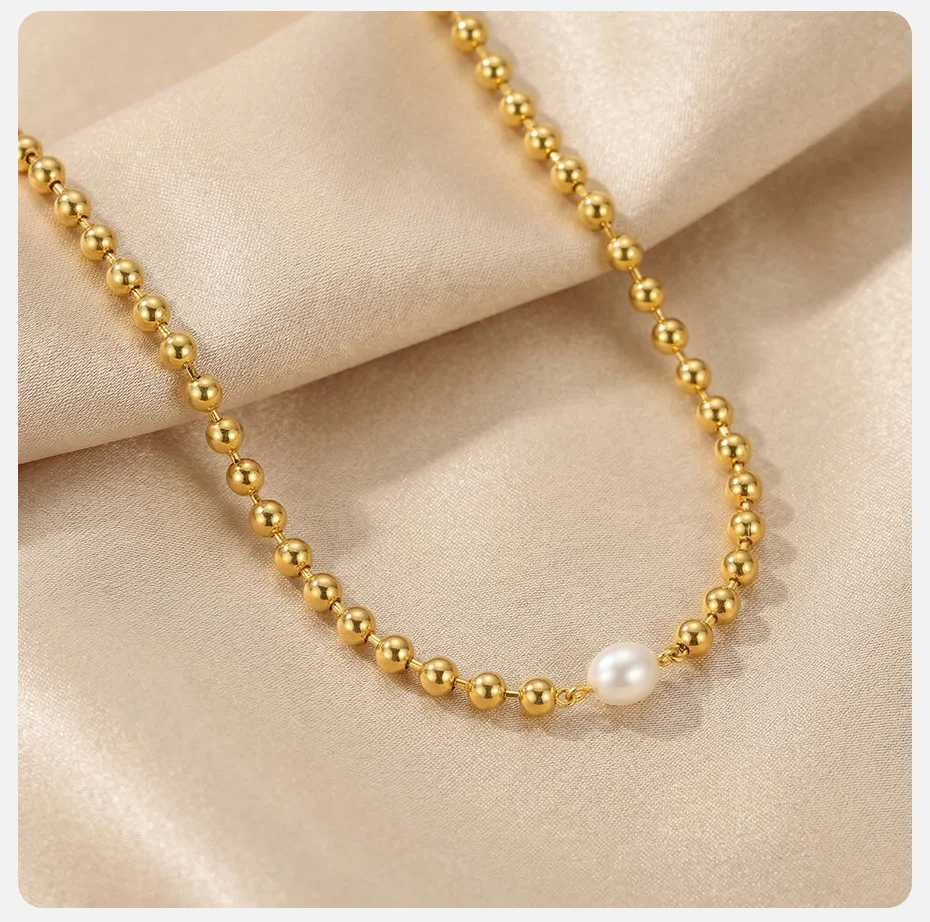 Vnox Trendiges Edelstahl-Armband mit Imitationsperlen für Damen, vergoldete, glatte Perlenketten, wasserdichter Schmuck – Detail 14