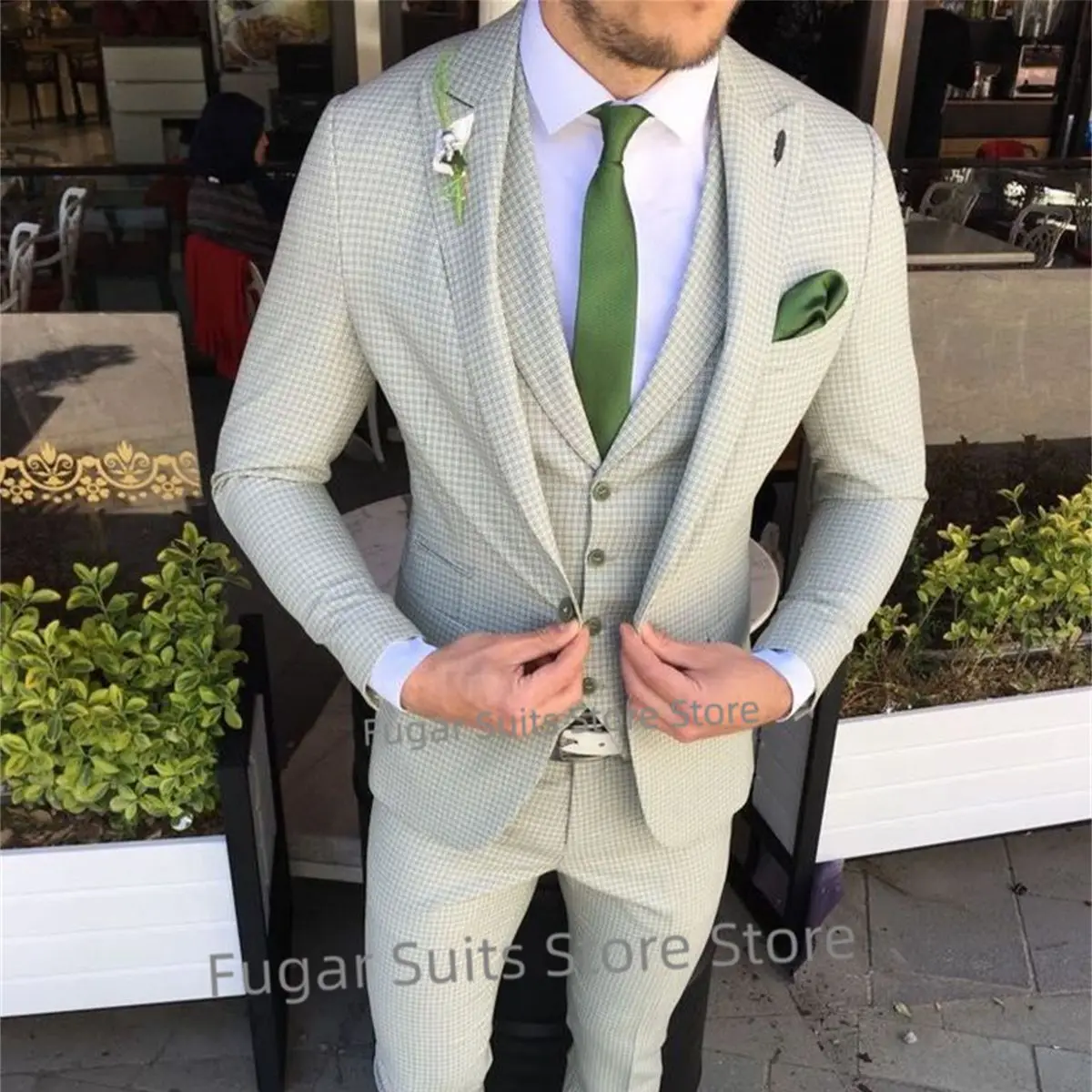 

Fashion Small Plaid Mint Green Wedding Men Suits Slim Fit Peak Lapel Groom Tuxedos3Pieces Sets Elegant Male Blazer Costume Homme
