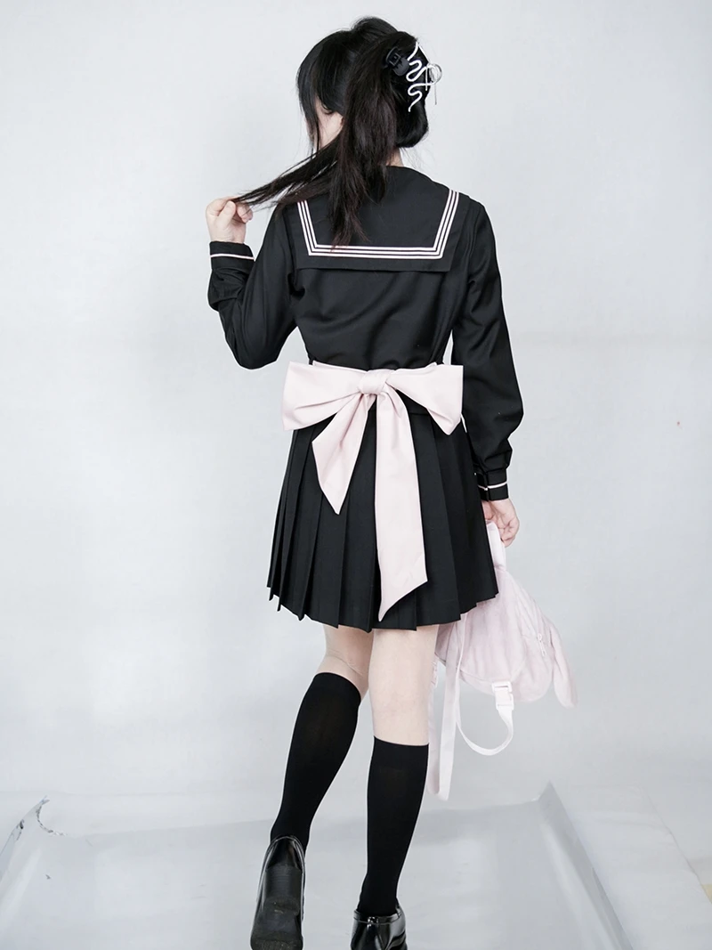 Japanese Preppy Style JK Uniform Suit Sailor Collar Bow Tie Back Lace-up Top High Waist Pleated Short Skirt Two-Piece Set Women