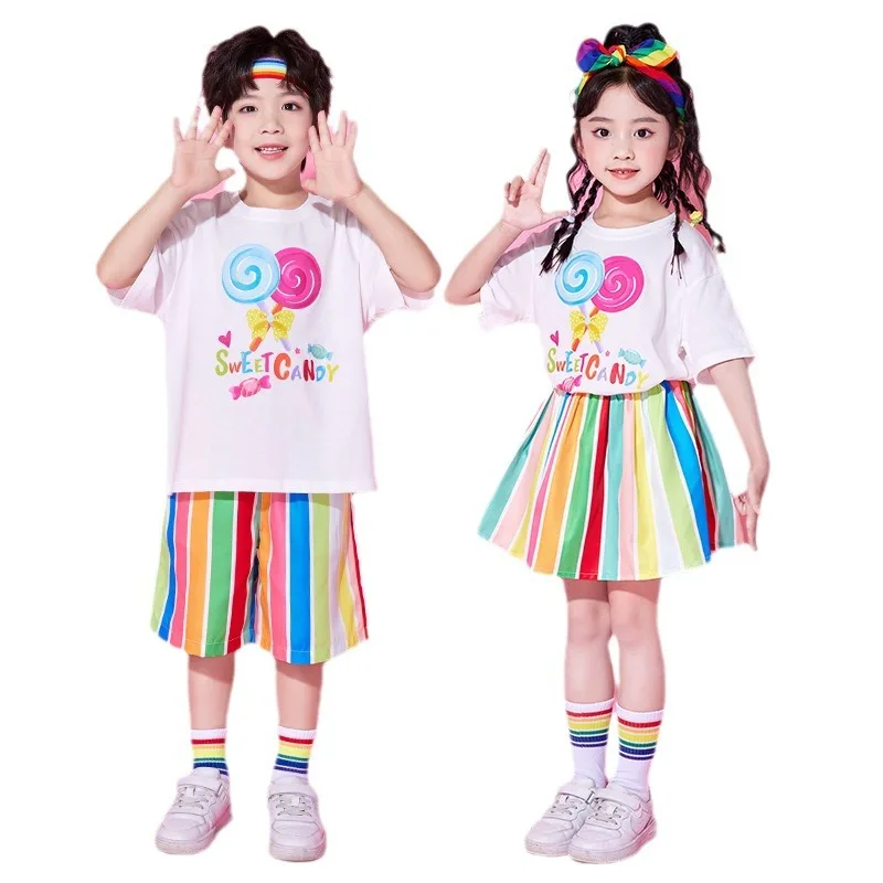 Kids Hip Hop Ballroom Dancing Costumes 4 Girls Boys Lollipop White T Shirt Color Shorts Skirt Jazz Dance Clothes Stage Outfits