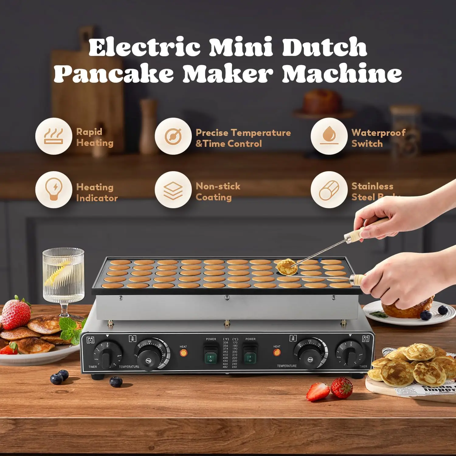 Mini Dutch Pancake Maker 50PCS, Commercial Non-stick Pancake Baker Machine 50-300℃ Temp and 0-5 Time Control Electric Muffin Mak 3
