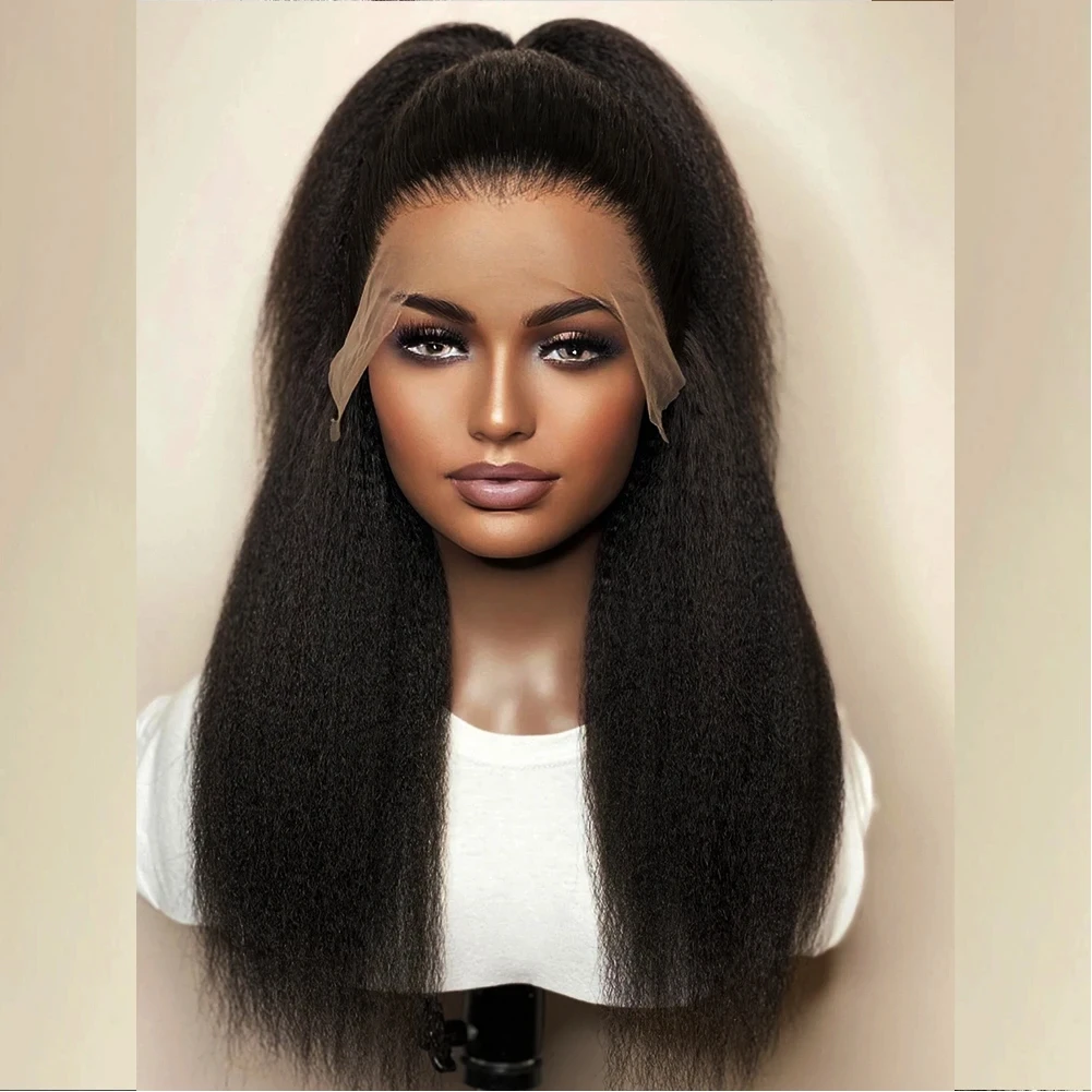 Long 26Inch Yaki Straight Natural Black Lace Front Wig Soft For Black Women With Synthetic Preplucked Glueless Baby Hair Daily