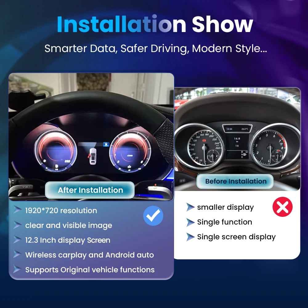 Panel de Instrumentos Digital LCD Inalámbrico CarPlay BONROAD con Linux 1920*720P, Android Auto para Benz ML GLE W166 GL GLE X116 2011-2019, Velocímetro, Navegación, Compatible con HDMI 2