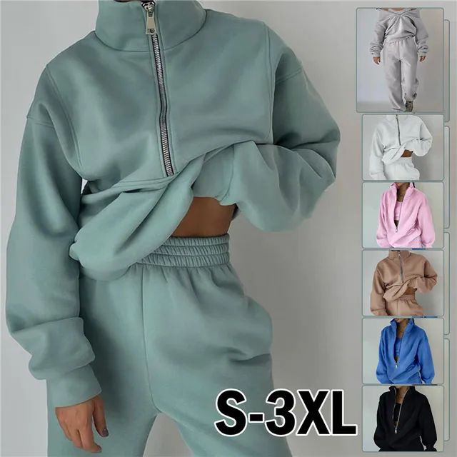 Solid Women Tracksuit Casual Hoodies Sweatshirt Pant Set Lounge Wear Sport Suit Two Piece Set For Women Autumn Winter Clothes 5