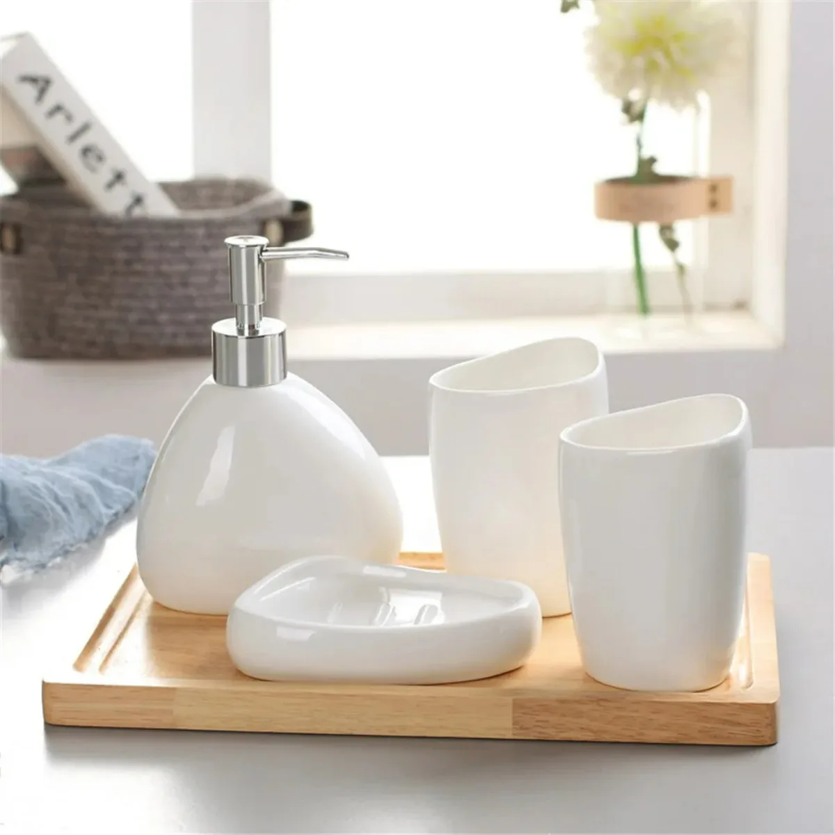 Home Washing Part Nordic Bathroom Wash Accessory White Ceramic Soap Dispenser Bottle Mouthwash Cup Soap Dish Toothbrush Cup 4