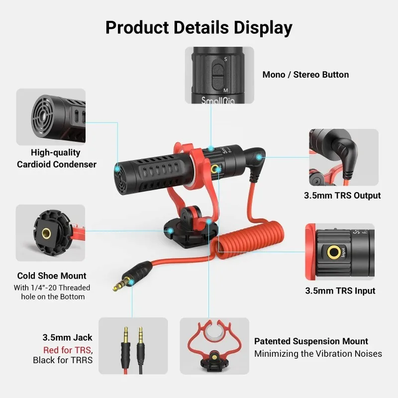 SmallRig S20 온카메라 마이크(쇼크 마운트 포함) 비디오 마이크 스테레오 마이크(iPhone 및 스마트폰용 DSLR 카메라용)
