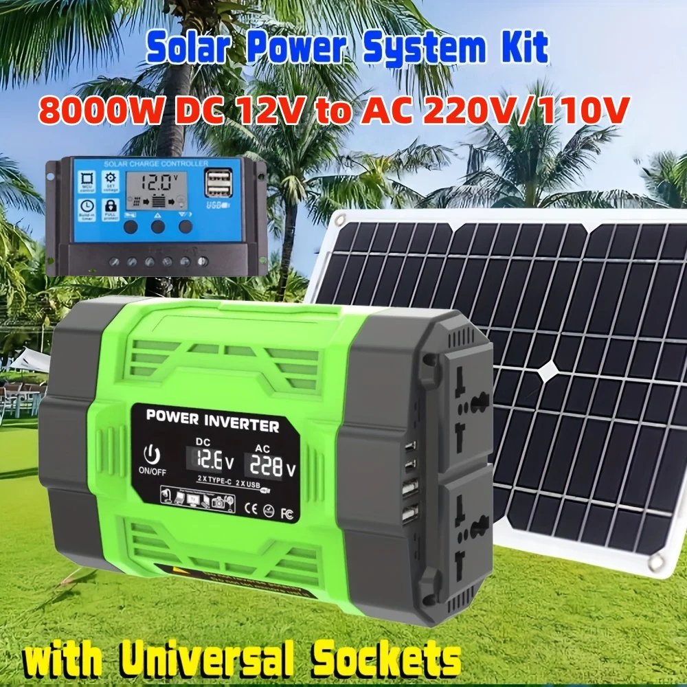 Kit Sistema Solare 8000W 12V a AC 220V/110V con Inverter, Pannello Solare 600W e Regolatore 100A, Adatto per Ricaricare Camper, Auto, Laptop