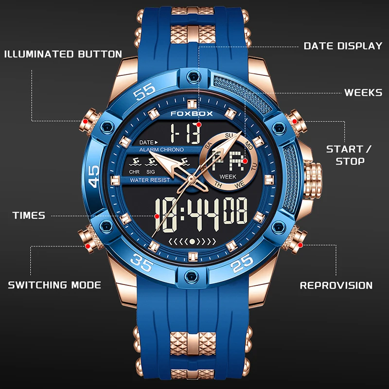 FOXBOX New Men's Watch Fashion Blue Silicone Waterproof Quartz Watches For Men Outdoor Sport Military Analog Digital Chronograph