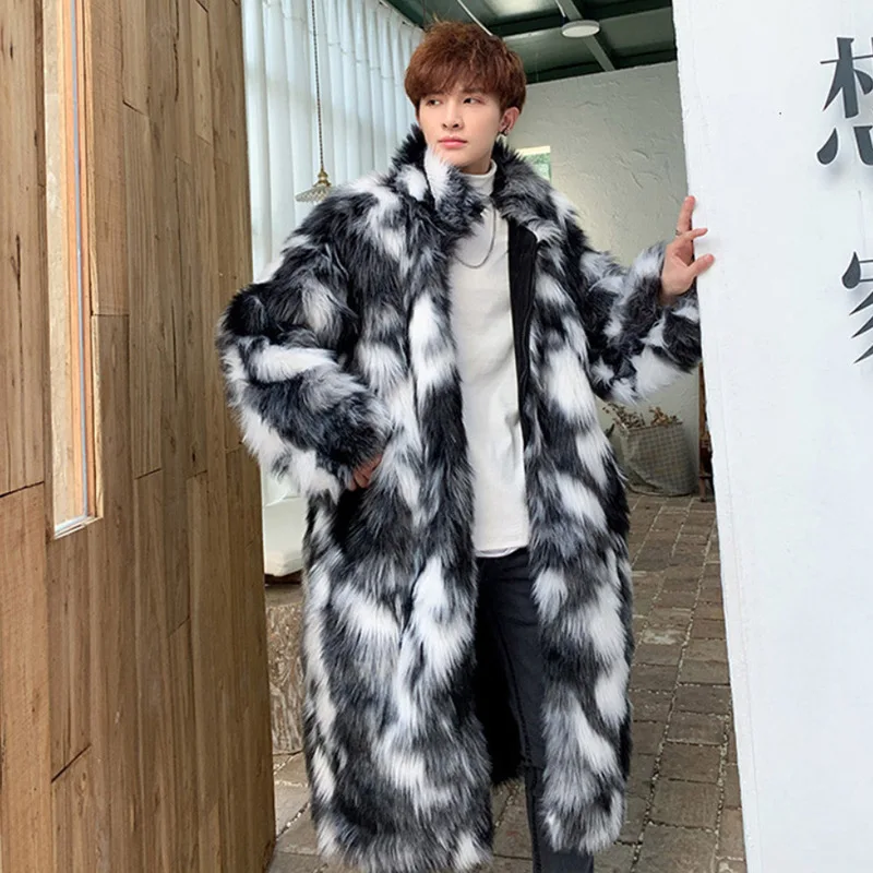 Loose Stand Collar Zipper Long Faux Fur Coat Men Winter Thick Warm Fur Coat Long Sleeve Luxury Brand Jackets Snowsuits Fashion