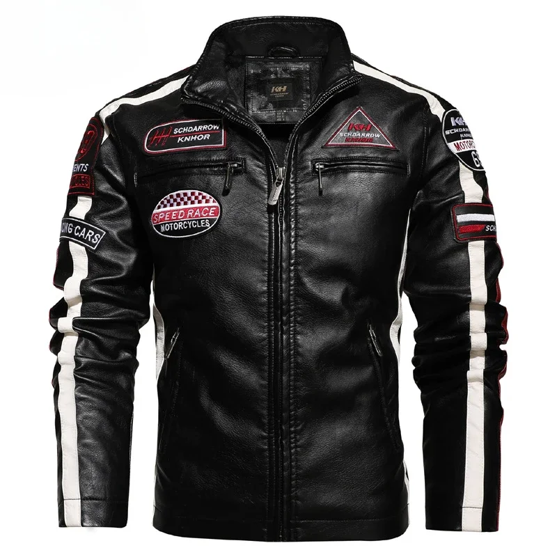 Men's Motorcycle Racing Suit Leather Plus Fleece Thin Color Jacket Winter Jacket