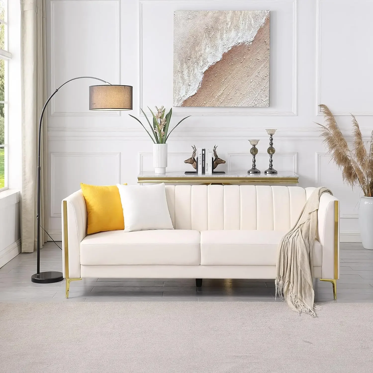 Description Picture 3 of item78'' Sofa, Black Sofas Couches for Living Room, Comfy Sofa Faux Leather Sofa 3 Seater Sofa with 2 Throw Pillows and Gold Metal