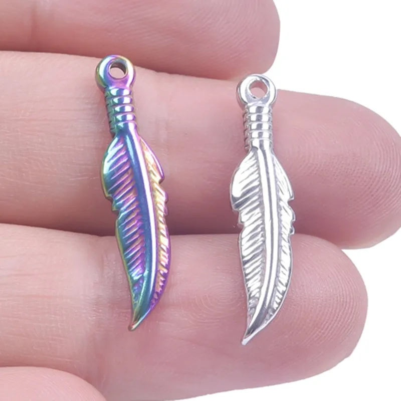 

5PCS Feathery Leaves Stainless Steel Charms Pendants Rainbow Silver Color Jewelry Making Necklace For Men Women Supplies