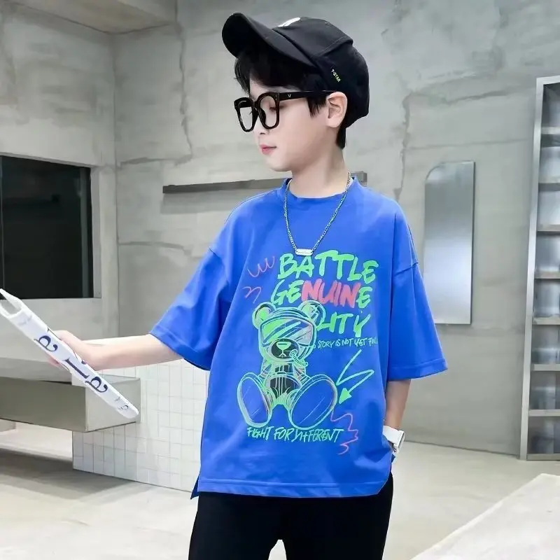 

100% Cotton Boys T-shirt Summer Cartoon Graffiti Bear Printed Girls Tees Short Sleeve Children Tops High Quality Kids Clothes