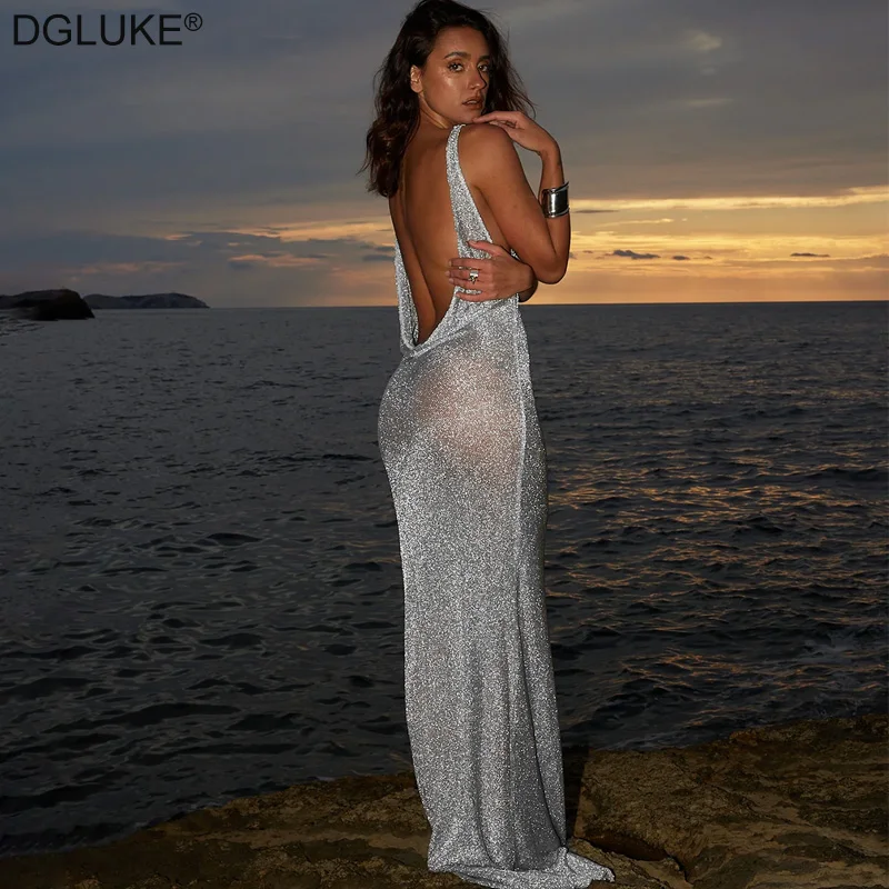 

Glitter Backless Maxi Dress Women V-Neck Sleeveless Knitted Beach Dress 2024 Fashion Summer Vacation Holiday Long Dresses