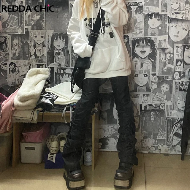 REDDACHiC Goth Lolita Black Pants Casual Flare Stacked Jeans Women Stretchy High Waist Trousers 2000s Y2K Grunge Emo Streetwear