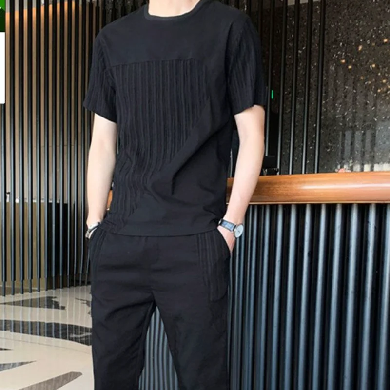 Pants Sets for Men Basic Casual Male T Shirt Chic Grey No Logo Cool Kpop Slim Fit Stretch Plain Top Original Brands Xl S Clothes clothes for men slim fit chic basic kpop casual cool grey pants sets male t shirt stretch loose high quality 5xl luxury xl s top