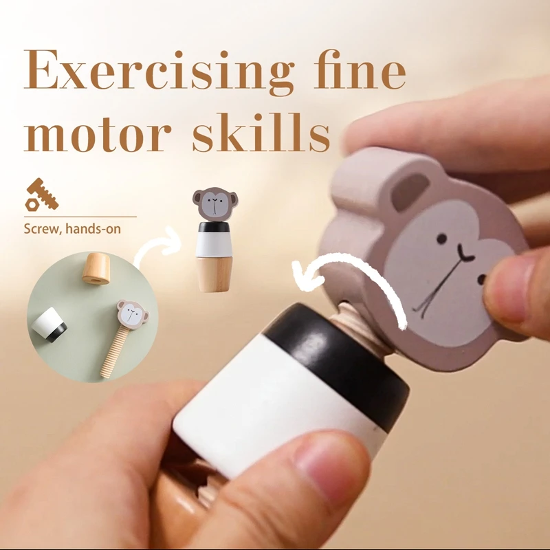 Wooden Montessori Toys Creative Cartoon Animal Bear Shaped Knob Screw Rattles Block Toys Kid Early Educational Puzzle Toys Gifts 4