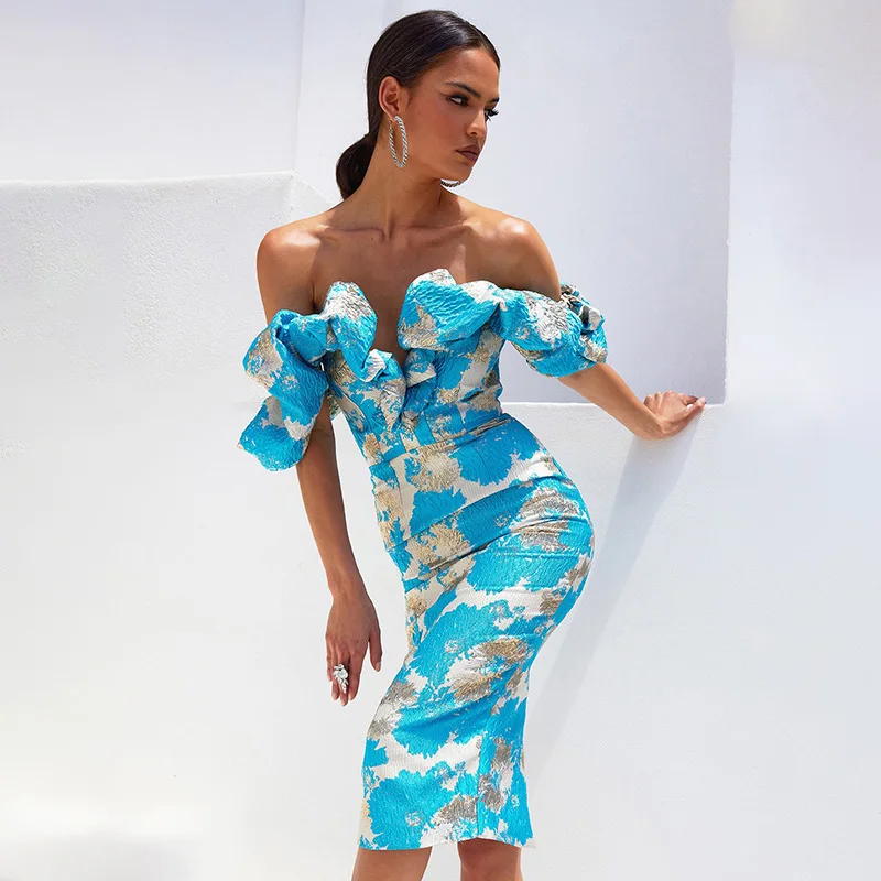 

Summer Women Straight Shoulder Slim Bandage Dress Rayon Elegant Fold Edge Fashion Jacquard Bodycon Evening Party Dress