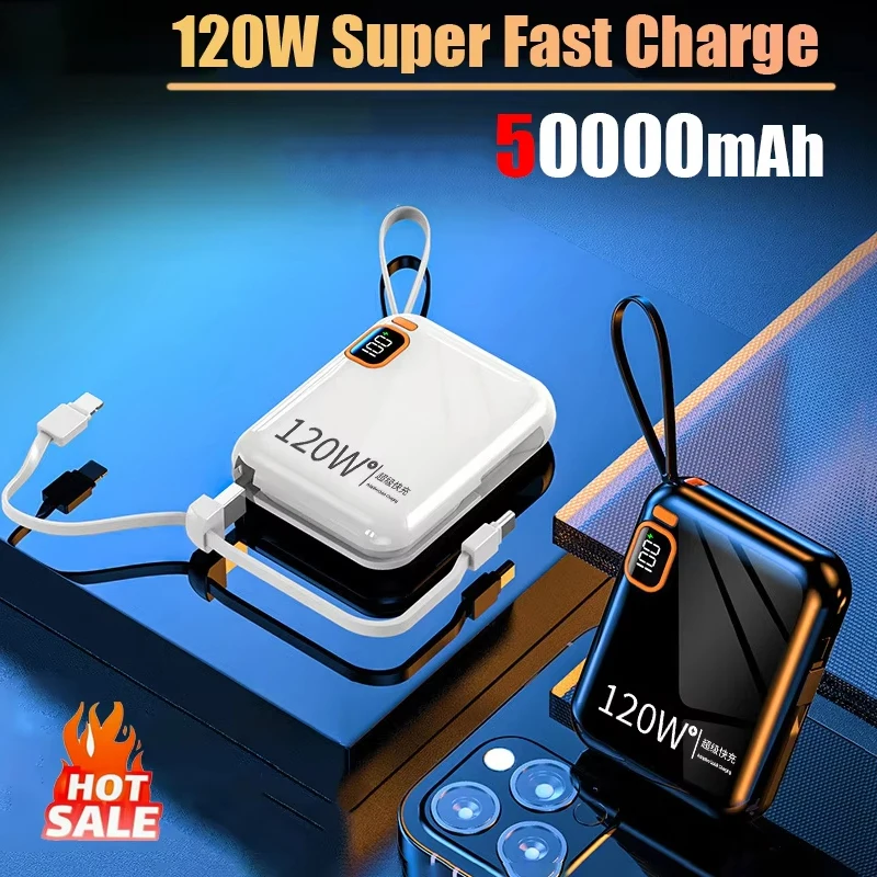 120W 50000mAh Power Bank Portable High Capacity Cable Two-way Fast Charging Mini 2in1 Wire Powerbank for iPhone Samsung ﻿Xiaomi 3