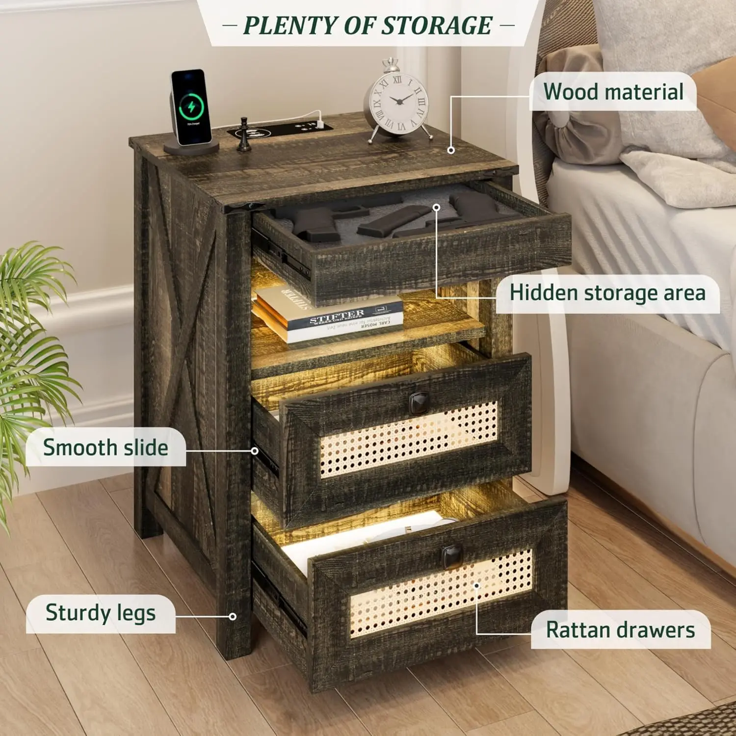 Farmhouse LED Nightstand with Hidden Storage 6