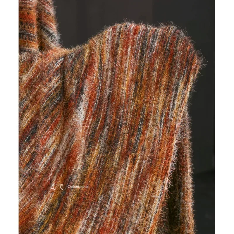 Orange Mixed Color Long Hair Vertical Pattern Stretch Knitted Colorful Woven Handmade Dress Cardigan Clothing Fabric