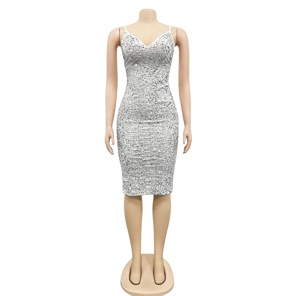 

Party Dresses For Women Sequins Fashion Sleeveless V-collar Mid Spaghetti Strap Dress Summer Solid Color Backless Slit Gowns