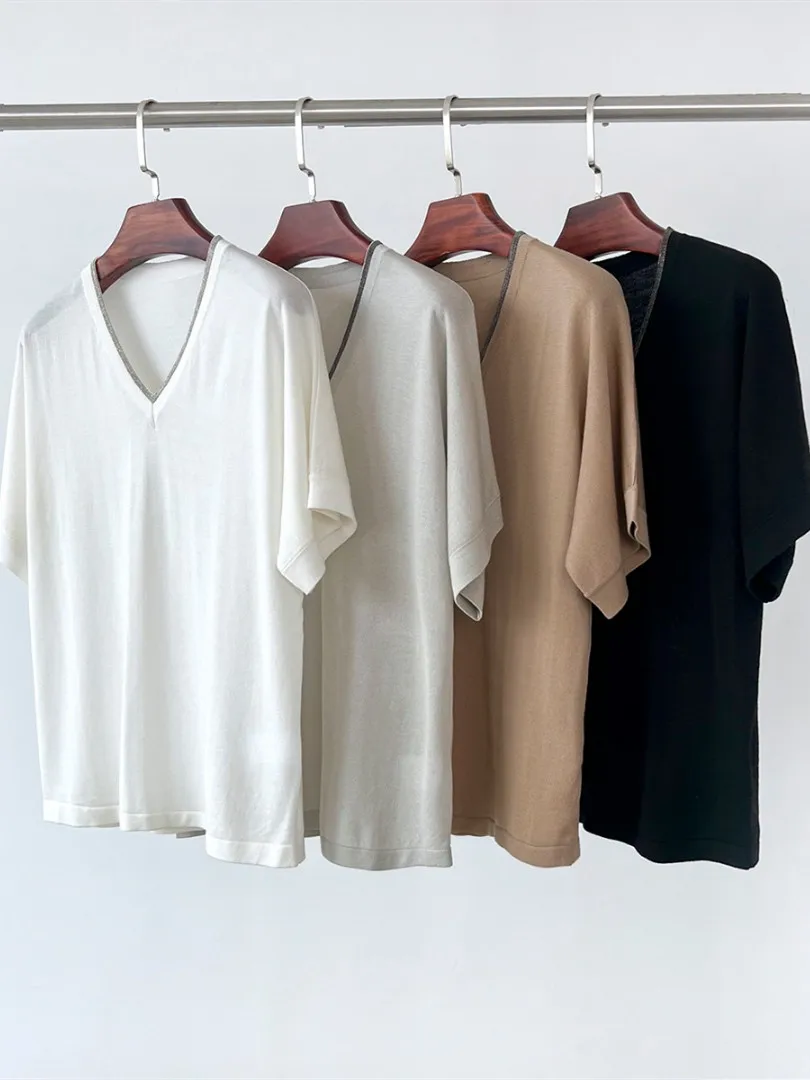 

Женская тонкая футболка с коротким рукавом, V-образным вырезом и бусинами, Новинка лета 2024, модная свободная однотонная женская универсальная трикотажная футболка, топы