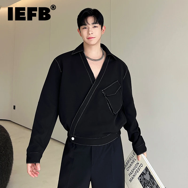 

IEFB Men's Cardigan Niche Design Crossover Placket Lapel Jacket Dark Casual Outerwear Korean Style Personality Coat Tops 9C1553