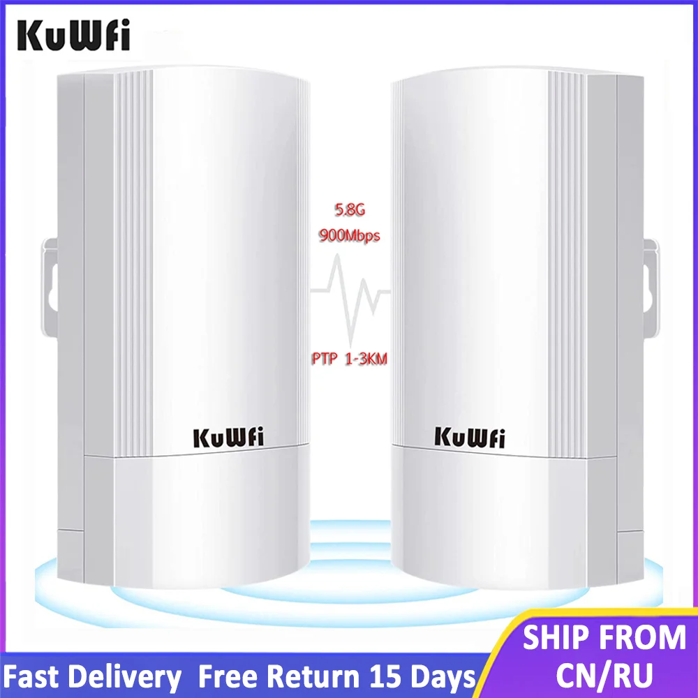 KuWFi 5.8G Wireless Bridge 900Mbps WiFi Outdoor CPE PTP Long Range with 24V PoE Power IP65 Waterproof AP+Repeater Mode 1-3KM