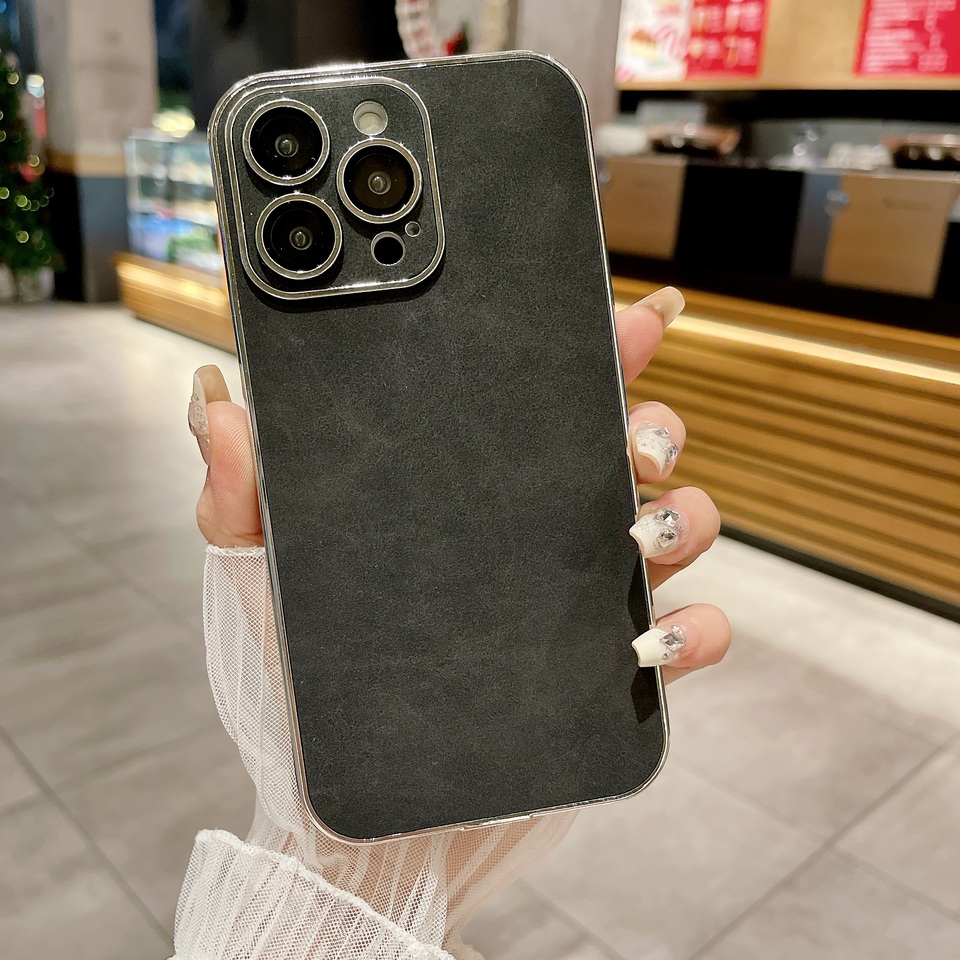 Luxury Suede Leather Electroplate Phone Case For iPhone 16 15 14 13 12 11 Pro Max Ultra-thin Lens Protection Shockproof Cover