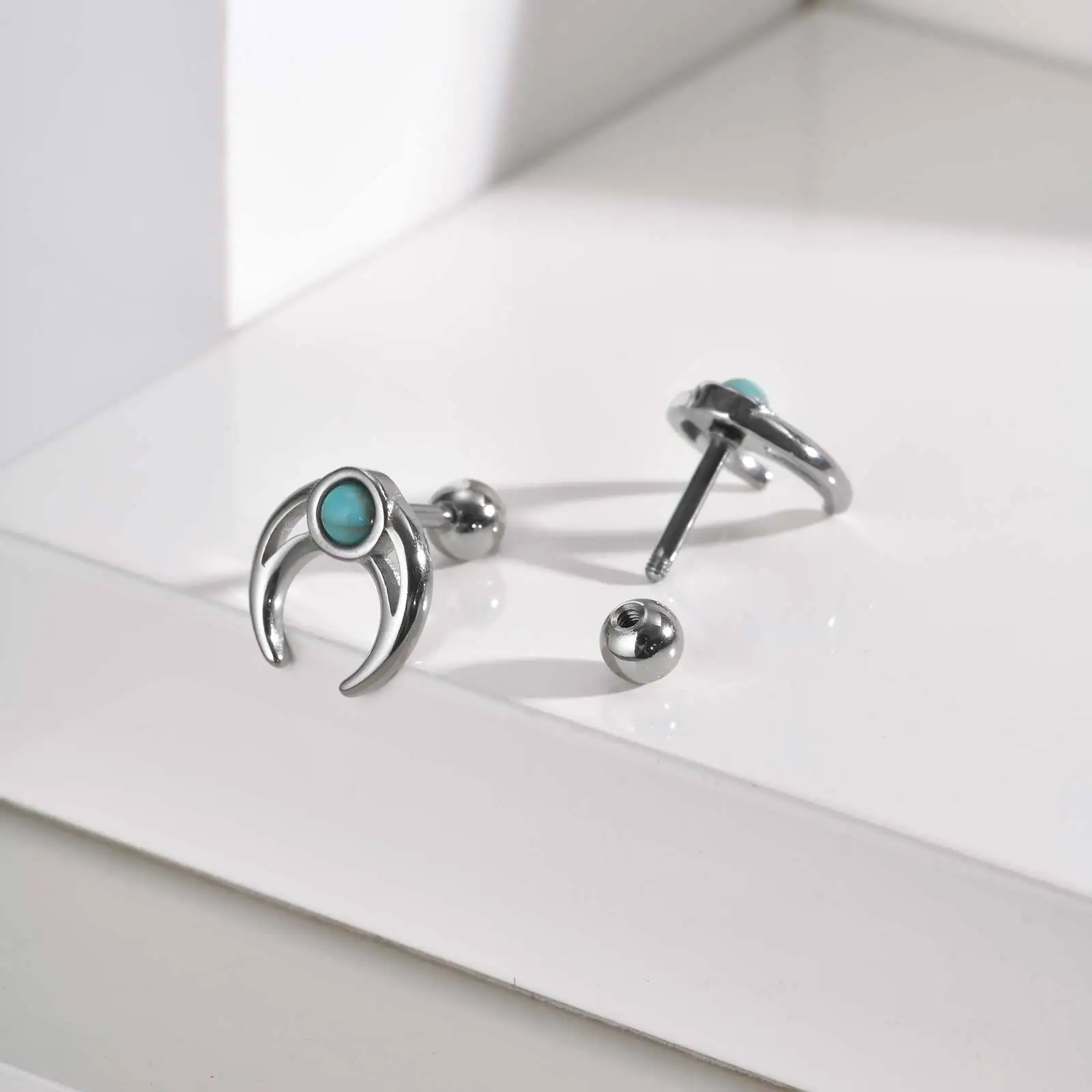 Stainless Steel Men's Moon Turquoise Stud Earrings,Silver Color Metal Piercing Earring,Natural Stone Jewelry Gift