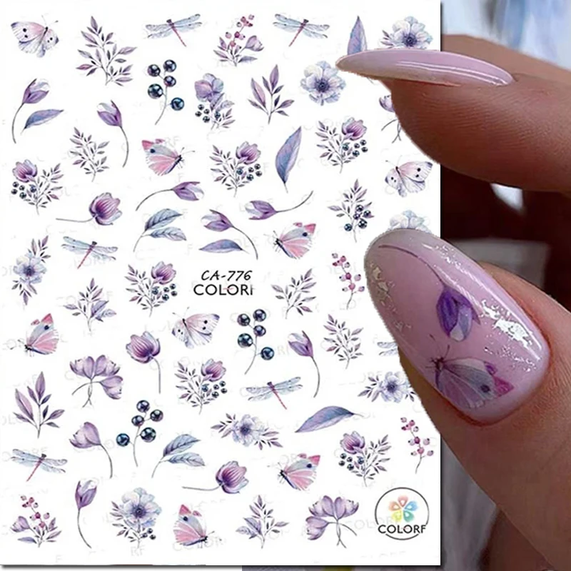 

3d Nail Art Decals Watercolor Purple Buds Flowers Fruits Butterflys Adhesive Sliders Nail Stickers Decoration For Manicure