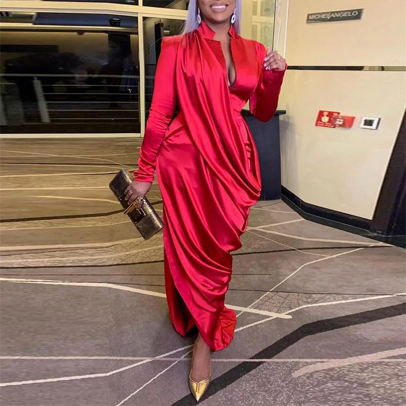 

Solid Satin Maxi Dress Women Evening Nightclub Ruched Long Sleeve Bodycon Long Dress Elegant Celebrity Formal Party Dresses Robe