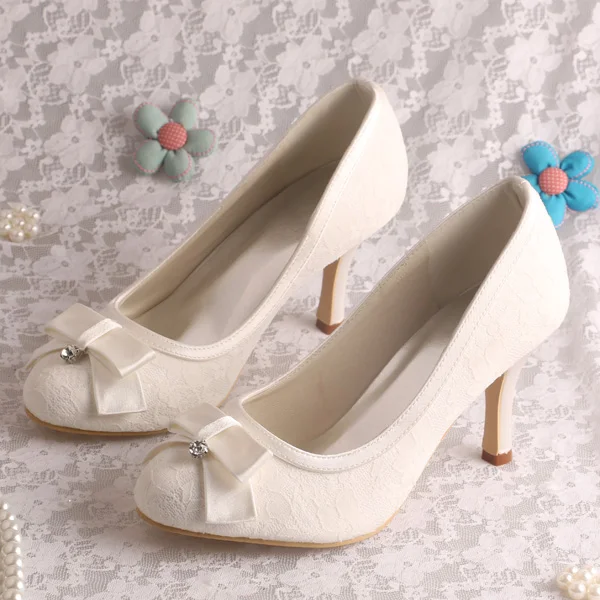 

Женские туфли ручной работы Wedopus для выпускного вечера, туфли невесты цвета слоновой кости с круглым носком, кружевные туфли на высоком каблуке