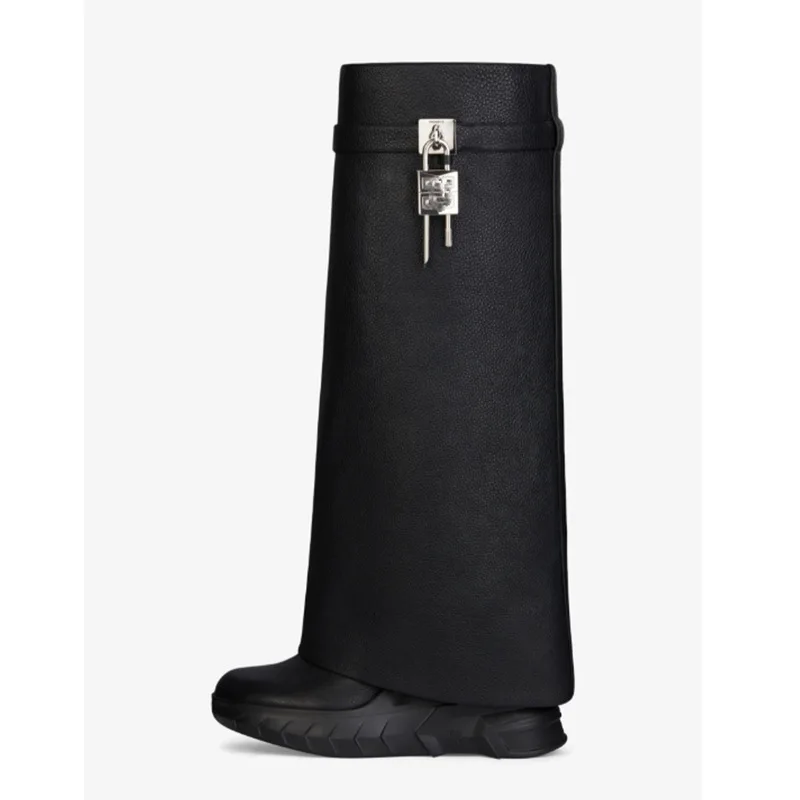 

2024Autumn and Winter Foreign Trade Round Head Big Barrel Waist Straight Barrel Lock Buckle Shark Buckle Mid length Boots Forme